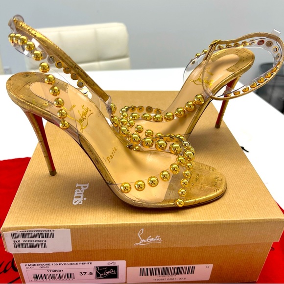 CHRISTIAN LOUBOUTIN Faridaravie 100 PVC Liege Pepite Gold Size 37.5  Woman’s 7.5 - Picture 12 of 16